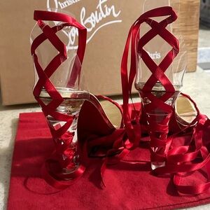 Christian Louboutin Rare Tornade Blonde 120 Red Ribbon & PVC Heels size 37.5